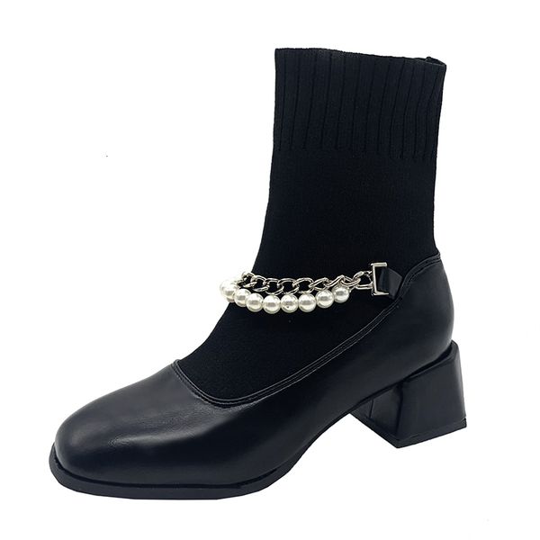 

boots ladies in leather boots on ankles autumn winter pearl chain sock f7om, Black