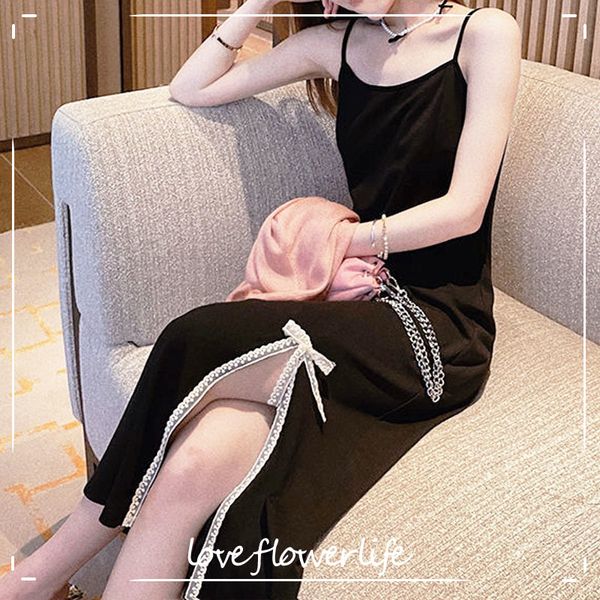 

summer black vintage dresses women sleeveless strap dress korean fashion evening midi desses ladies elegant bow design 210521, Black;gray