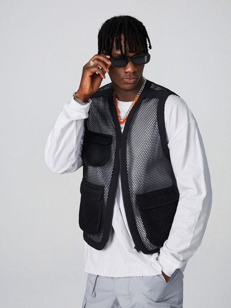 

men flap pocket fishing net vest jacket t8rd#, Black;brown