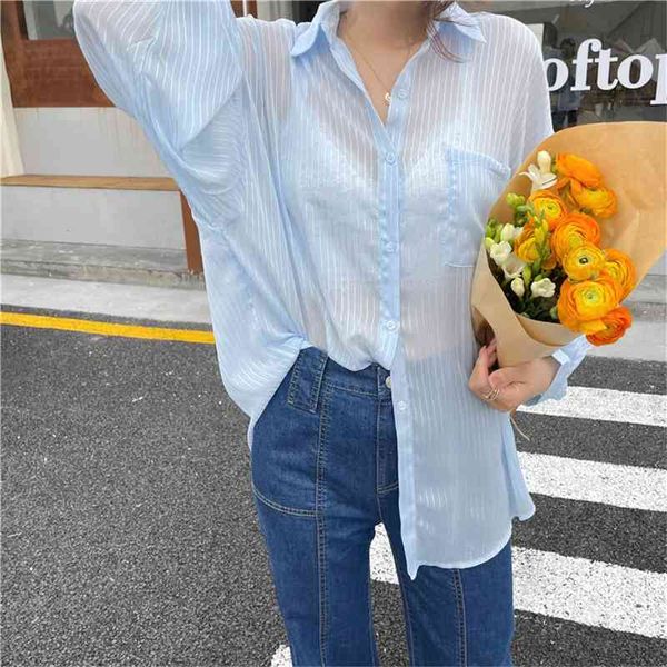 

women's blouses & shirts sunscreen striped light oversize new loose chic femme casual women streetwear outwear k, White