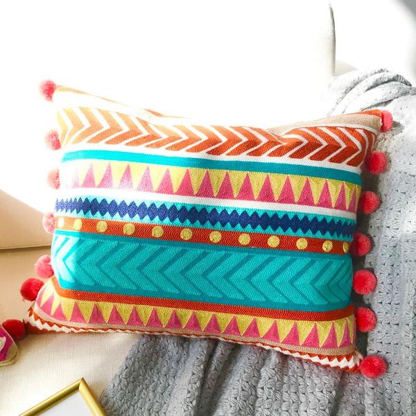 

home decor cushion cover embroidery colorful floral ethnic tassels boho style strip geometric pillow 35x45cm pomom ball cushion/decorative
