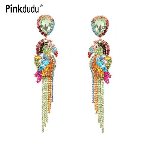 

pinkdudu fashion long tassel multicolor crystal dangle earrings statement rhinestone bird parakeet drop for women pd208 & chandelier, Silver