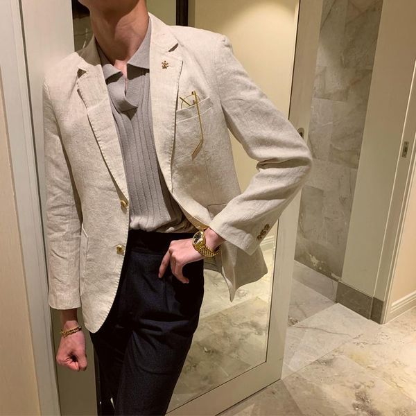 

korea linen casual blazer jacket 3 solid color men beige white navy double vent slim fit pacth pocket daily outfti men's suits & blazer, White;black