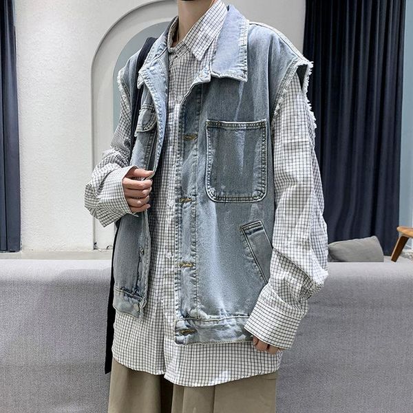 

men's jackets fashion perth denim handsome sleeveless vest multi pocket work jacket spring casual, Black;brown