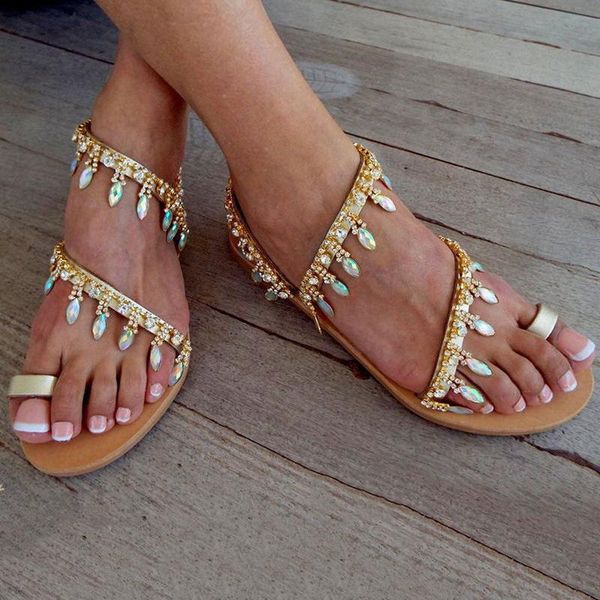 

vintage boho sandals summer ladies beading flat beach women leather fashion bohimia shoes plus size woman, Black