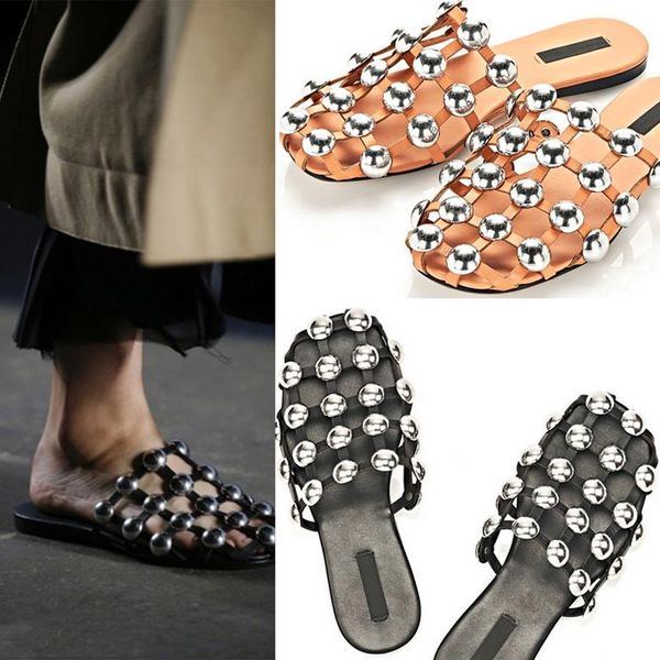

slippers summer 2021 women mules black cuts out studded caged runway flat slide sandals slip on outdoor large size 44