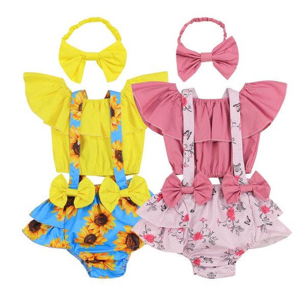 

clothing sets baby & children's 3pcs girl summer outfit off-shoulder floral suspenders pantie hairband for toddler girls 0-18, White