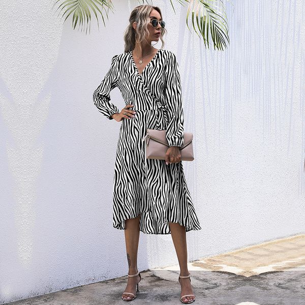 

dresses vintage v neck striped casual full sleeve high waist autumn winter long for women cnae, Black;gray