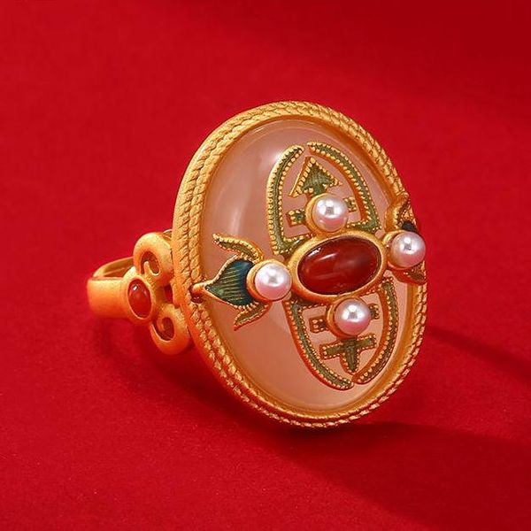 

cluster rings natural hetian white jade gutta enamel porcelain craft opening ring chinese style retro national charm women's silver jew, Golden;silver