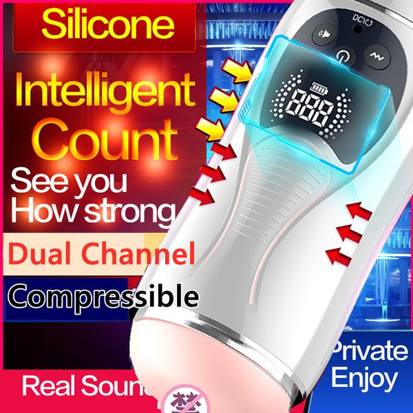 Conteggio automatico a due canali Pompino Vagina Figa reale Masturbatore maschile Tazza Vivavoce Sex Machine Stroker Giocattolo del sesso orale per uomini X0320