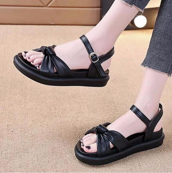 

sandals summer women ankle strap buckle hollow shoes female fashion roman casual flats platform pu leather ladies, Black