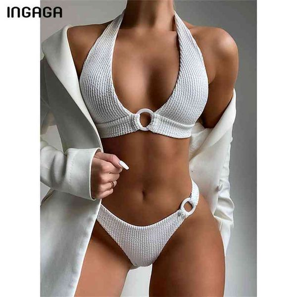 

ingaga ribbed bikini's swimsuits push up swimwear ring bathing suits halter strap biquini white bikini set 210621, White;black