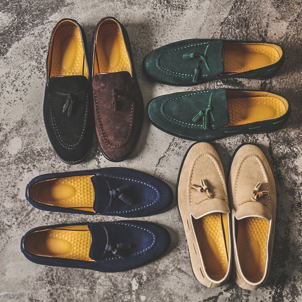 

2021 new men shoes fringe concise faux suede classic loafer slip on dress casual business shoes comfortable round toe spring autumn dp101, Black