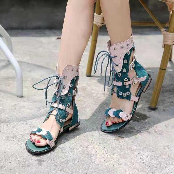 

sandals summer low round head breathable flat heel roman shoes color matching lace up women's cool boots, Black
