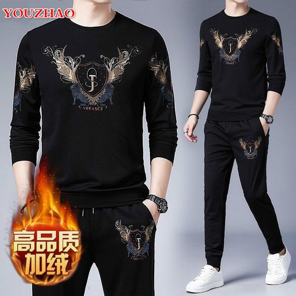 

tracksuits 2021 new korean version the trend of autumn and winter men's sweater suit plus veet thick two-piece casual warm sportswear, Gray