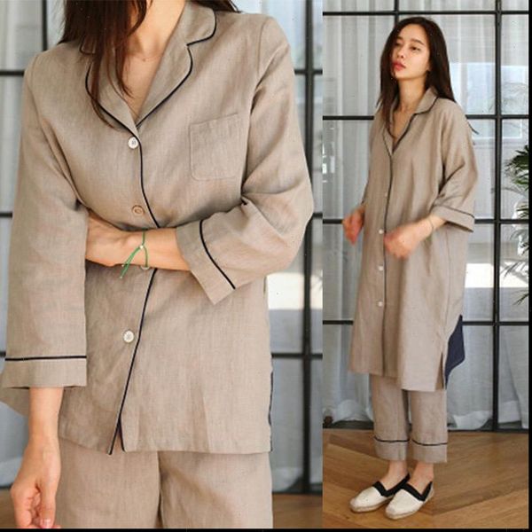 

korean cotton and linen women sleepwear pajamas set simple fashion long sleeved nine point ladies home service, Black;red