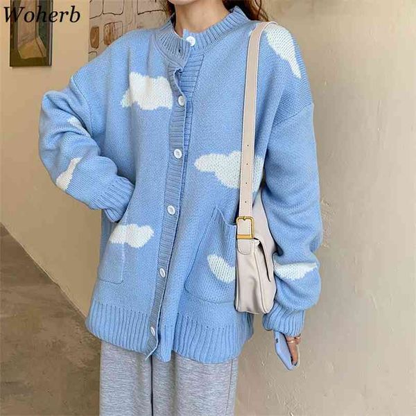 Japonês Kawaii Harajuku Cardigan Mulheres Impressão Coreano Solto Azul Camisola Casaco All Match Cardigans Jumper 210519