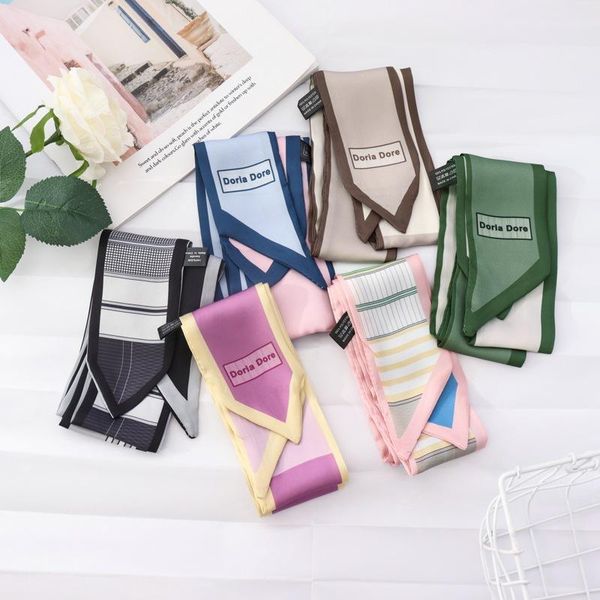 

scarves 2021 style narrow silk scarf long wrist beautiful print hair band skinny ribbon handle bag accessories for women, Blue;gray