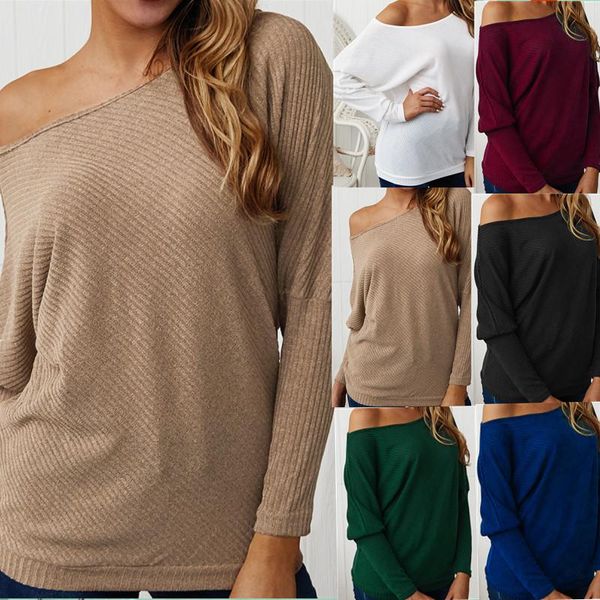 Frühling Frauen Sexy Off Schulter Strick Solide Lange Batwing Sleeve Strickwaren Pullover Damen Beiläufige Lose Gestreiften Shrug Tops