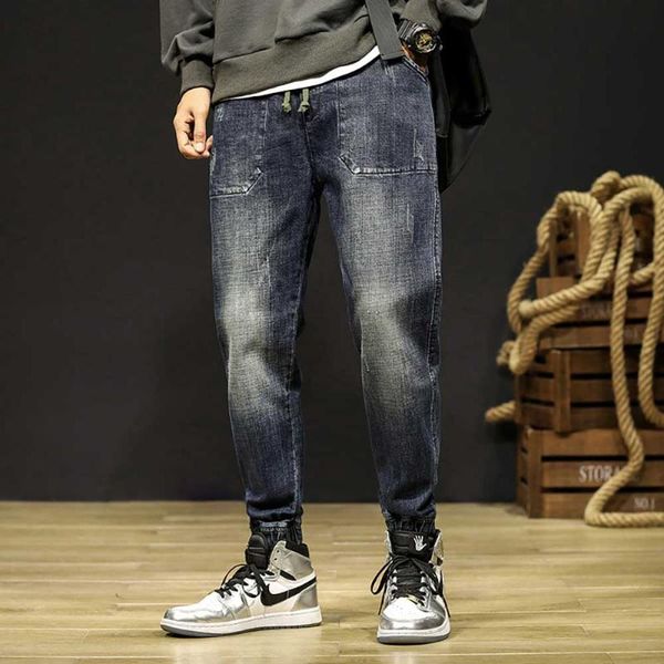 

trendy harem jeans man denim pants hip hop elastic joggers casual trousers loose baggy cargo men clothing, Blue