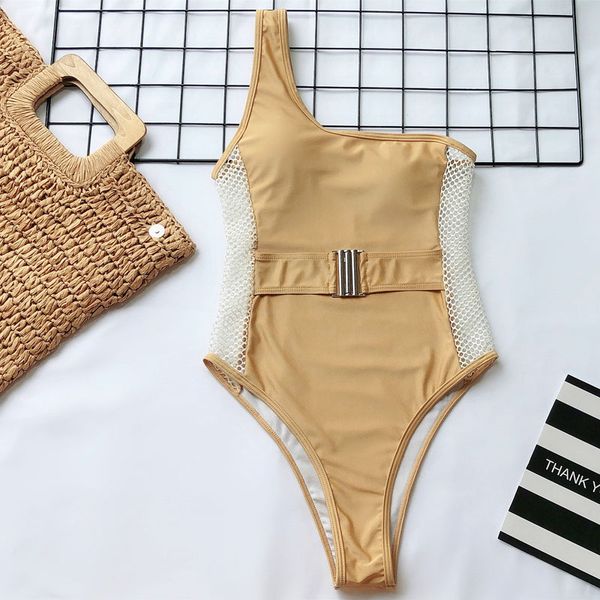 

women mesh swimwear 2021 one shoulder one piece swimsuit female bather with waist band bathing suit swim monokini 5268by
