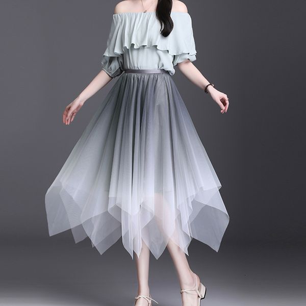 

skirts irregular layered a-line gradient tulle long female 6gnl, Black