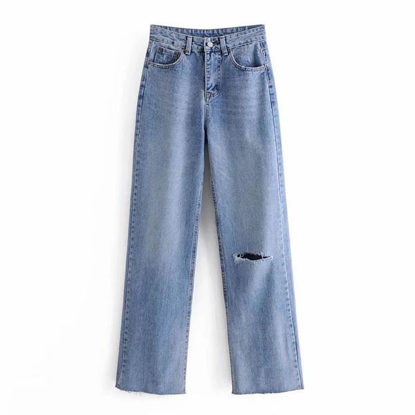 

women's jeans high waist hole denim straight-leg pants 2021spring autumn retro washed elastic trousers, Blue