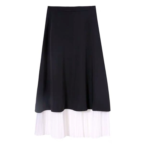 

women black white ruch patchwork midi skirt pleated spring autumn elegant s0184 210514