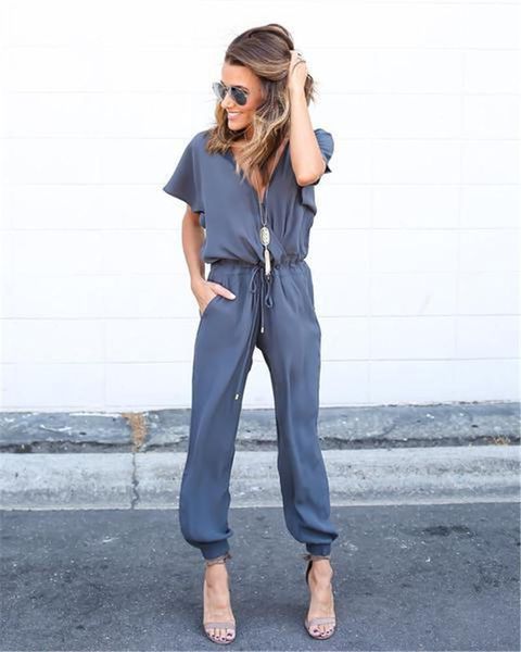 

bodycon elegant woman solid jumpsuit romper 2021 lace up women overalls short sleeve v neck outerwear women's jumpsuits & rompers, Black;white