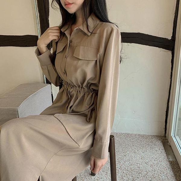 

hzirip 2021 autumn women dress long trench coat solid drawstring slim elegant all-match casual single-breasted office lady dresses, Black;gray