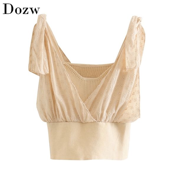 

women sweet patchwork embroidery cropped blouses sleeveless tied strap knitted blouse shirt summer chic ladies 210515, White