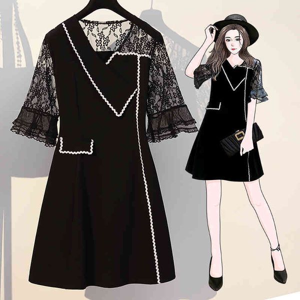 

party dresses spring lace patchwork women loose flare sleeve female robe hollow out oversized office lady clothes b7tn, White;black