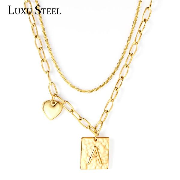 

chains luxusteel double necklace stainless steel square letter heart pendant collars accessories collier party, Silver