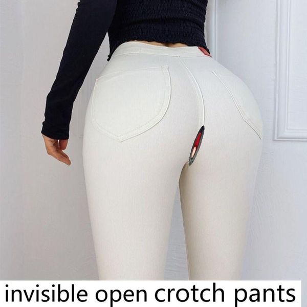 

women's jeans open-seat pants stretch high waist peach hip outing date essential artifact invisible zipper off, Blue