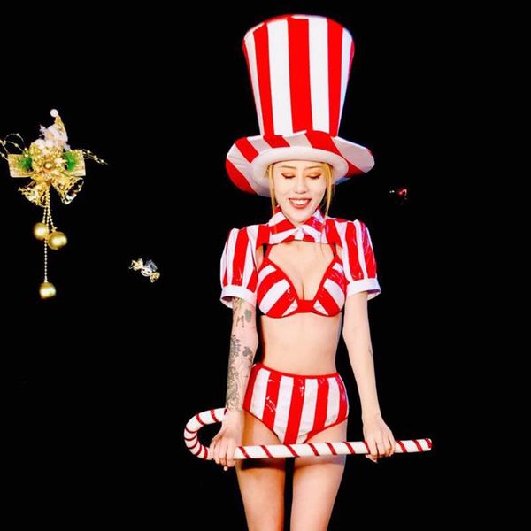 

red and white striped bikini women super hat nightclub bar dj female gogo dance wear stage show outfit christmas costume vdb3142, Black;red
