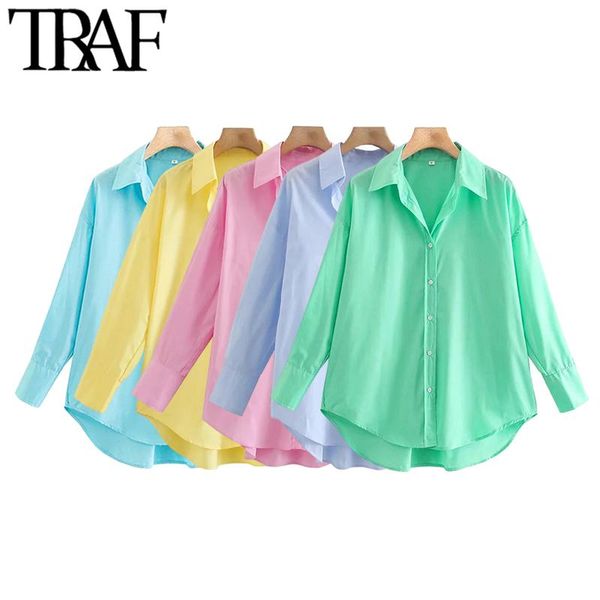

women's blouses & shirts traf women fashion loose asymmetry poplin vintage long sleeve button-up female blusas chic, White