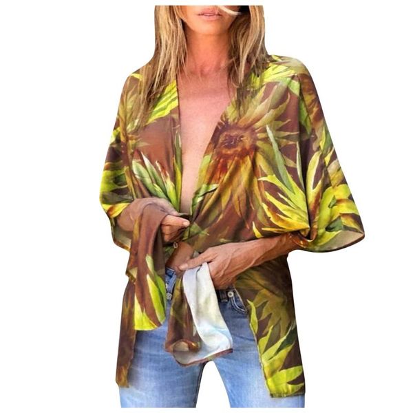 Frauen Badebekleidung 2021 Sommerdecke Florale Kimono Strickjacke Sheer Cover up Freizeit Urlaub Chrysanthemendruck Druck