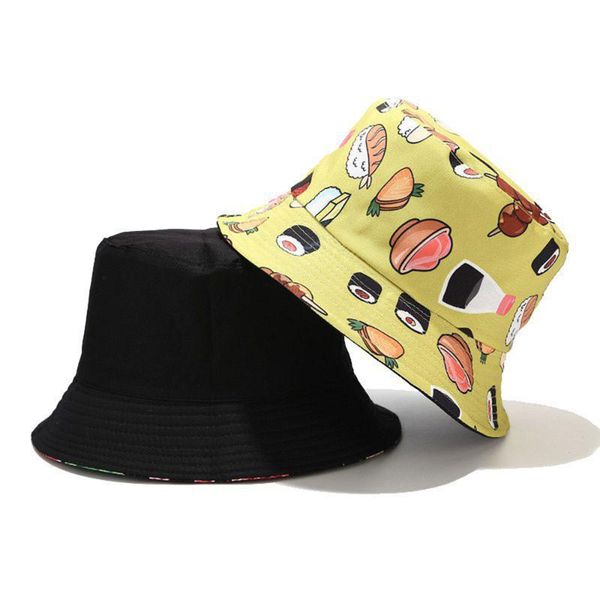 

vegetarian hamburger and french fries fisherman hat double face sunshade flat bucket hats outdoor sunscreen basin cap wide brim, Blue;gray