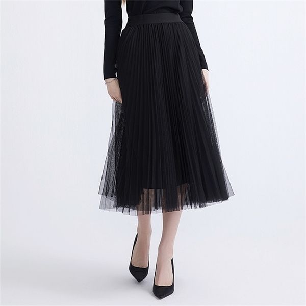 

fall winter gothic black white long mesh skirt vintage korean england style high street elastic waist basic accordion skirts 211124