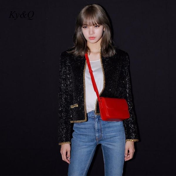 

women's jackets 2021 runway short coat female fashion women clothes temperament black all sequin o-neck long sleeve elegant jac, Black;brown