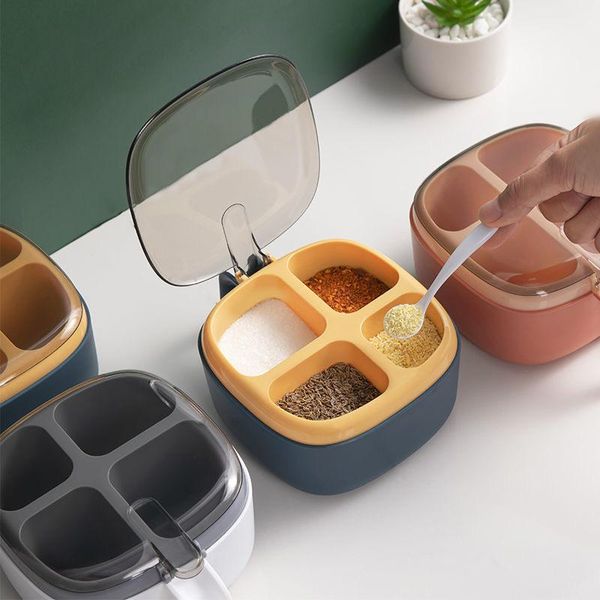 

storage bottles & jars 4 grids kitchen seasoning box with spoon visible condiments case bottle salt container spice jar holder square organi