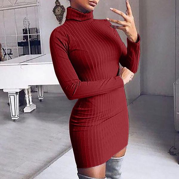 

casual dresses 2021 autumn bodycon dress for women turtleneck long sleeve mini solid color knitted robes, Black;gray
