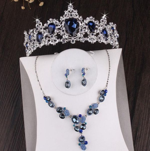 

wedding jewelry sets baroque luxury silver plated blue crystal bridal necklace earring tiara crown set african beads, Slivery;golden