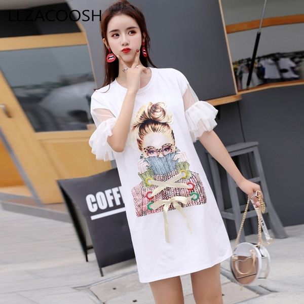 Estate manica a farfalla Stampato Cartoon Ragazze Abiti da donna Streetwear Design T-shirt sexy allentate Abito casual Taglie forti 210514