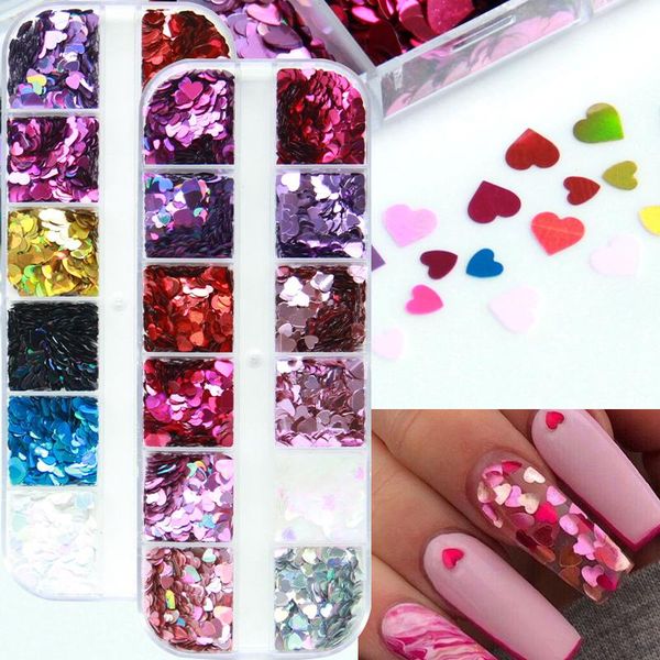 

nail glitter 12 grids sweet love heart sequins rose gold silver shining laser ab art paillette manicure 3d decorations, Silver;gold