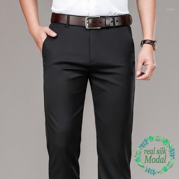 

brand men's modal lyocell silk fabric thin casual pants business straight classic formal office trousers male large size 40 42, Black