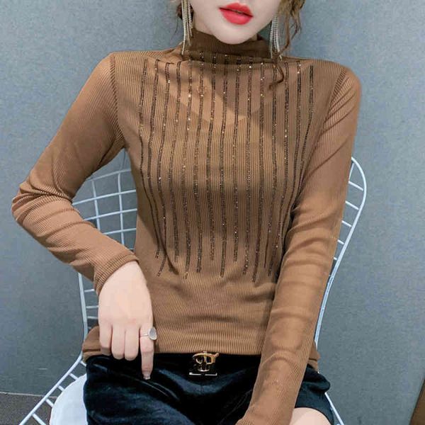 

women's t-shirt turtleneck diamonds t spring womens tshirt elasticity mesh fabric long sleeve women clothes slim tee femme 2r, White