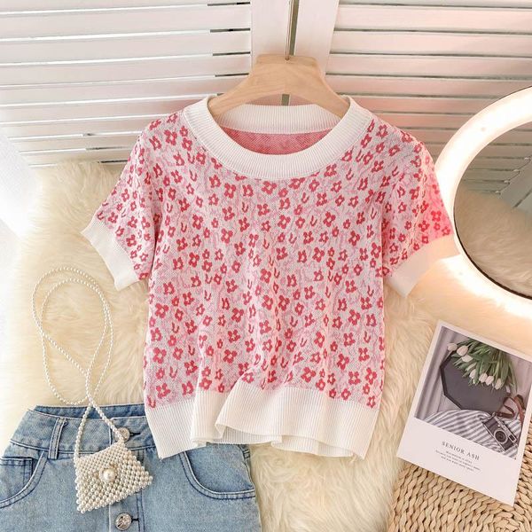 

women's blouses & shirts singreiny sweet jacquard knitted blouse women short sleeve o neck casual 2021 summer korean fashion streetwear, White