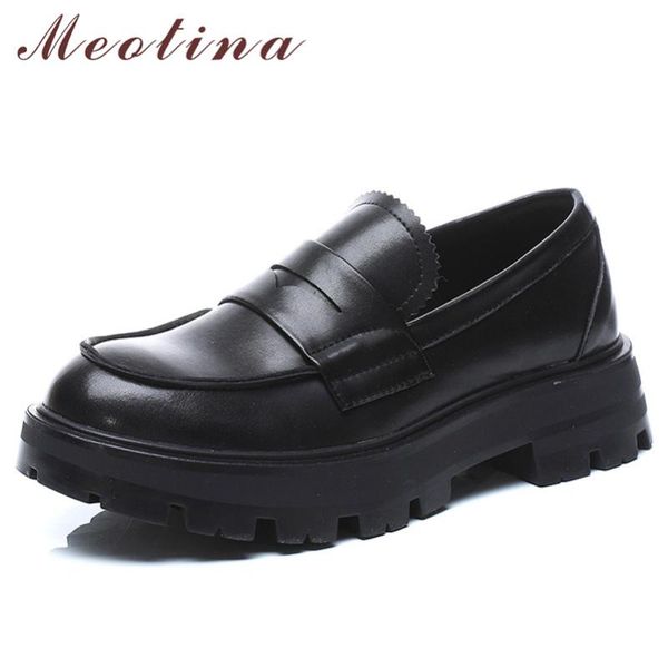 

dress shoes meotina women loafers genuine leather thick med heel platform round toe causal female autumn winter white 40, Black