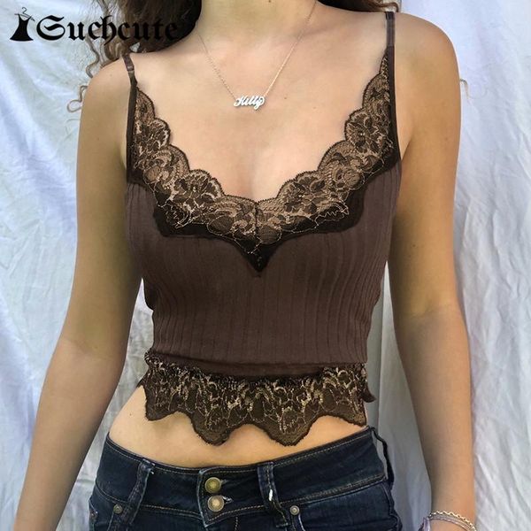 

women's tanks & camis suchcute goth aesthetic lace patchwork tank for women v-neck brown retro crop summer y2k fashion casual cami, White